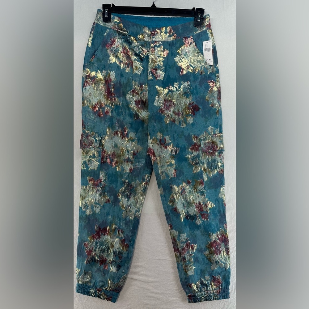 ANTHROPOLOGIE Jacquard Floral Metallic Utility Joggers Womens Size S NEW W/ TAGS